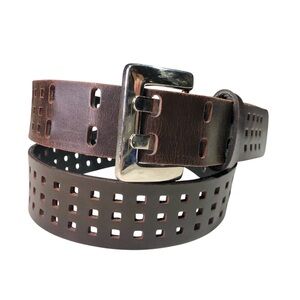 Double prong brown cutout bonded leather belt silver tone buckle XL